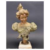 Brass Bust of Lady on Marble Vase, 11"h