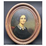 Antique Portrait Painting on Canvas of Woman, Original Oval Wood Frame, 32"x28" Overall