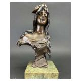 "Bohémienne" Bronze Bust on Marble Base, 11"h Overall