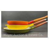(3) Enameled Cast Iron Skillets, Wood Handles, 9.5"-12"w