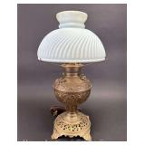 Antique Brass Non-Explosive Oil Lamp with Shade, Electrified, 21"h