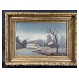 Winterscape Painting on Board, Unsigned, Antique, Nice Original Gold Frame, 17.5"x24" Overall