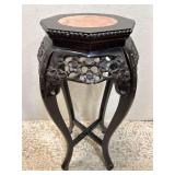 Antique Wood Plant Stand, Carved Floral Design, Marble Top, 31"h x 13"w