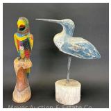 Wood Shorebird and Carved Parrot, 16"h