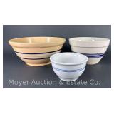 (3) Ceramic/Ovenware Mixing Bowls with Blue Strips, Newer, 6.5"-13.5"w
