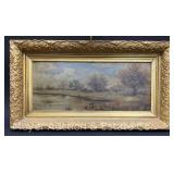 Painting on Board of Landscape, Antique, Nice Original Frame, with Light, 12"x22.5"