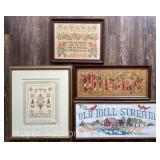 (4) Vintage Framed Needlepoints, Sampler, Etc.