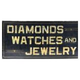 Glass Panel Sign "Diamonds, Watches and Jewelry", Gold & Mother of Pear Lettering, Single Sided