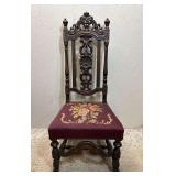 Antique Needlepoint Victorian Style Side Chair, Ornate Carved Back
