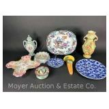 Group of China Vases, Blue and White Plates, Noritake Wall Pocket, Etc.