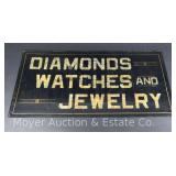 Glass Panel Sign "Diamonds, Watches and Jewelry", Gold & Mother of Pear Lettering