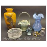 Fenton Vase and Basket, Cut Glass Dish, Art Glass Bird, Etc.