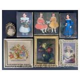 Group of Small Canvas Prints of Girls, Floral Still Life Painting, Needlepoint, Etc.