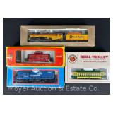 (4) HO Scale Locomotives and Trolley, with Boxes