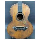 Antique Parlor Guitar, Believed to be German, Original Condition, with Inlay and Carved Bridge