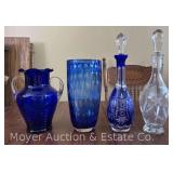 Two Cobalt Blue Glass Vases & Two Glass Decanters, 10"-15.5"h