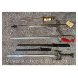 Group of Decorative Swords with Knife, 17-34" Long