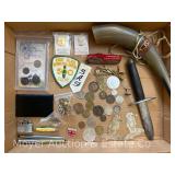 Group of Foreign Coins, Horn, Pocket Knife, Silver Quarter, (2) V Nickels, Barber Dime, Etc.