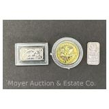 (3) Grams of .999 Fine Silver, (2)1 Gram Bars and 1 Gram Canadian Gold Plated Coin