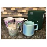 (4) New Starbucks Mugs and Starbucks Anniversary Tumbler with Mermaid, in Box