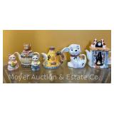 Group of Figural Tea Pots, One with Cream and Sugar