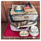 Group of Dog Beds, Food Bowls, Dropping Bags, Etc.