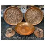 Avon Coppersmith Hammered Copper Bowl and Pair of Candlesticks with 2 Unmarked Tooled Copper Plates