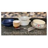 Group of Kitchenware: FireKing, Pfalzgraff Bowl Set, Pyrex Pie Plates 9"-11"w, Cutco Spatula, Etc.