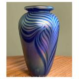 Robert Eickholt Art Glass Vase, Pulled Feather Design, Signed and Dated 1986, 5 3/4"h