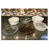 Group of Corningware Casserole Dish, Pyrex Pie Plates, Etc.