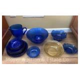 Group of Cobalt Glass Serving-ware, Dishes, and Pitcher with Other Glass Serving Bowl