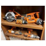 Group of Rigid Battery Powered Saws, Drills and Drivers with 2 Chargers, 4 Batteries and Carry Bag