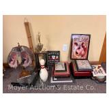 Group of Wall Art, Frames, Lamp, Bowling Pin, Trophy, Etc.