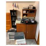 Group of Office Supplies, Label Makers, Copy Paper, 2 Door Cabinet, Commemorative Mugs, Etc.