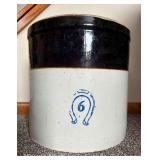 6 Gallon Stoneware Crock with Cobalt Horseshoe, 13"h