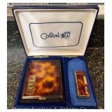 Colibri Cigarette Lighter & Cigarette Case, Tortoise Shell Motif, Monogramed, in Box