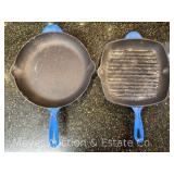 2 Blue Enamel Cast Iron Skillets, Unmarked, 10.5" and 12"w