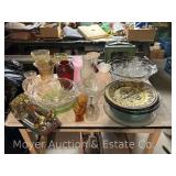 Group of Colored Glass, Punchbowl and Cups, Serving Dishes, Etc.