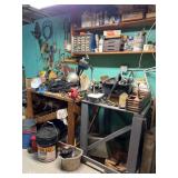 Contents of Workbench and Shelves, Extension Cords, Hand Tools, Painting Supplies, Craftsman Vise, Etc.