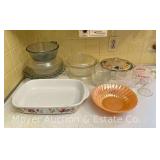 Group of Pyrex Pie Plates, Measuring Cups, Asst. Glass Casserole Dishes, Peach Luster Bowl, Etc.
