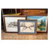 Group of Artwork: Oil on Canvas, Watercolor Landscape, and Print, 17"x21" - 22"-29"