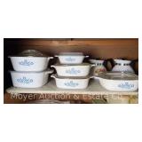 Group of Corningware Casserole Dishes and Teapots, Mostly Blue Cornflower Pattern