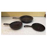 Wagner Ware No. 6 Cast Iron Skillet, Pattern 1056, 9"w, with 2 Other Small Cast Iron Skillets, 6.25"