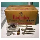 Group of Beer Can Openers, Texaco Service Lancaster NY, Simon Pure, Iroquois, Etc. with Horlacher Beer Box