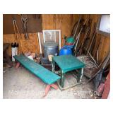 Contents of Garden Shed, Long Handled Tools, Trash Can, Bench, Etc.