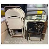 Group of Metal TV Trays and Folding Chairs