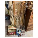 Group of Rods and Reels, Fishing Bets, Tackle Box with Contents, Etc.