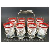 Vintage MCM Style American Eagle Drinking Glasses, with Wire Carrier, Glasses are 5.5"h