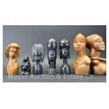 Pair of African Style Wood Carved Bust Bookends, with Other African Style Figural Wood Carvings