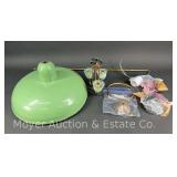 Antique Green Enamel Lamp Shade, with Other Small 3 Bulb Ceiling Light, and Accessories